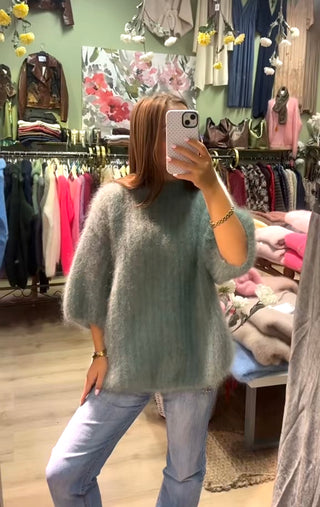 Mohair Stickad Olivgrön