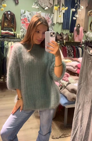 Mohair Stickad Olivgrön